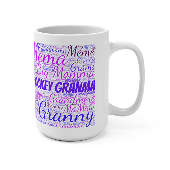 Hockey Grandma 15oz Ceramic Mug — Purple Word-Cloud Design (Granny, Meme, MaMaw)