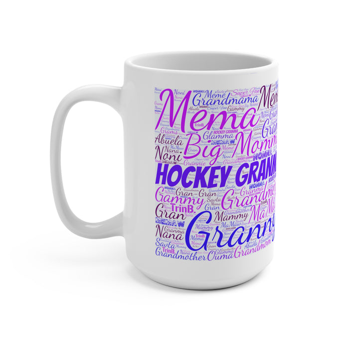 Hockey Grandma 15oz Ceramic Mug — Purple Word-Cloud Design (Granny, Meme, MaMaw)